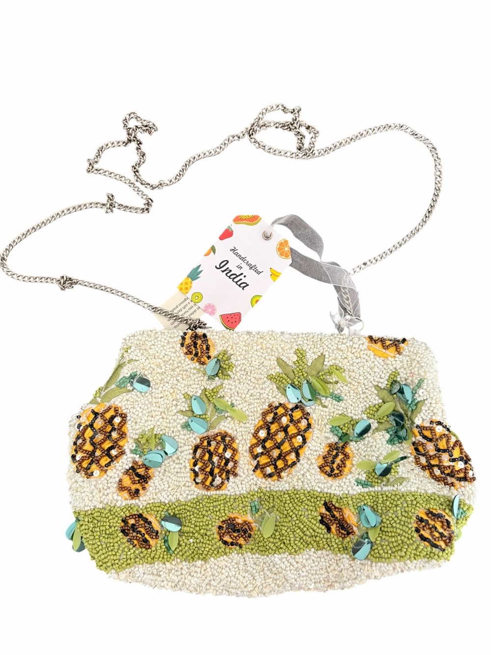 Made in India Pineapple Beaded Crossbody Bag - White & Green